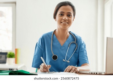 Portrait of young female surgeon writing notes at desk - Powered by Shutterstock