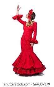 Portrait Of Young Flamenco Dancer In Beautiful Dress With White Isolated Background