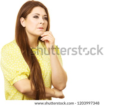 Portrait of young funny teenager woman having happy thinking wondering face expression.