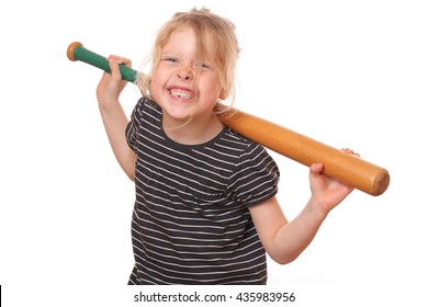 Portrait of a young girl with baseball bat on white background - Powered by Shutterstock