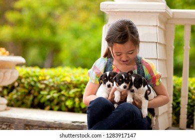 Portrait Of Young Girl On Front Stoop With A Litter Of Puppies.