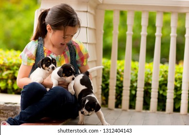 Portrait Of Young Girl On Front Stoop With A Litter Of Puppies.