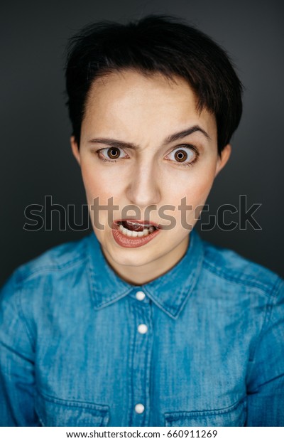 Portrait Young Girl Short Haircut Shocked Stock Photo Edit