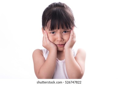 Portrait Of A Young Girl With Toothache Over White Background.Child Toothache With Sensitive Tooth Ache Problem Touching On Face The Part With Pain.