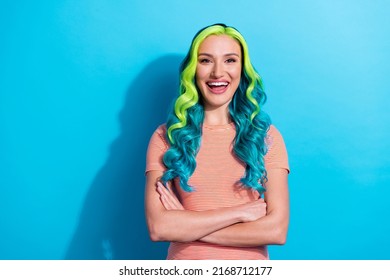 Portrait Of Young Good Mood Freak Unusual Business Lady With Crossed Hands Isolated On Blue Color Background