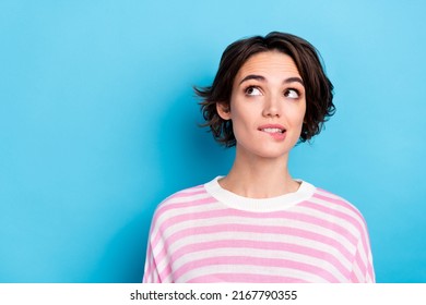 Portrait Of Young Gorgeous Thoughtful Girl Look Empty Space Imagine Perfect Boyfriend Date Isolated On Blue Color Background