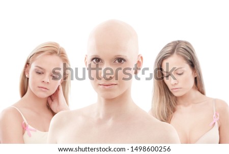 Portrait of young hairless woman. 
This is a free image, part of a charity project. Models and the staff worked for free to support breast cancer awereness campaigns worldwide.