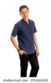 Portrait Of Young Handsome Asian Man With Casual Blue Mandarin Collar Shirt, Isolated On White Background