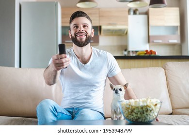 Portrait Of Young Handsome Bearded Man Spending Weekend At Home Sittng On Sofa, Eating Pop Corn And Watching Tv With His Small Friend Chihuahua Dog.