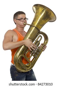 Portrait of young handsome man with saxophone