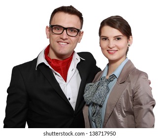 Portrait of a young happy couple isolated against a white background