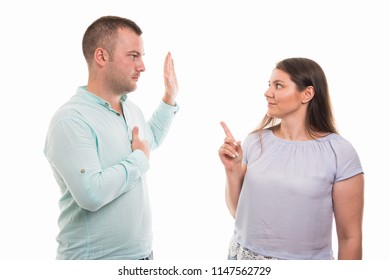 Portrait of young happy couple showing oath gesture isolated on white background with copyspace advertising area