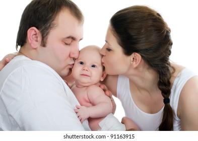 Portrait of a young happy family with the kid on a white background