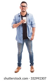 Portrait Of A Young Hipster Man Wearing Glasses And Drinking Coffee From A Cup In A White Background