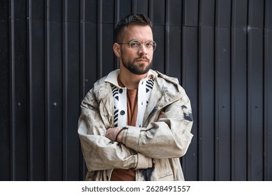 Portrait of young homeless man standing against black wall in the alley. Homelessness and abandoned social issue concept.