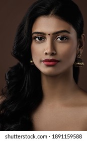 Portrait Of Young Indian Woman With Beautiful Makeup And Hairstyle