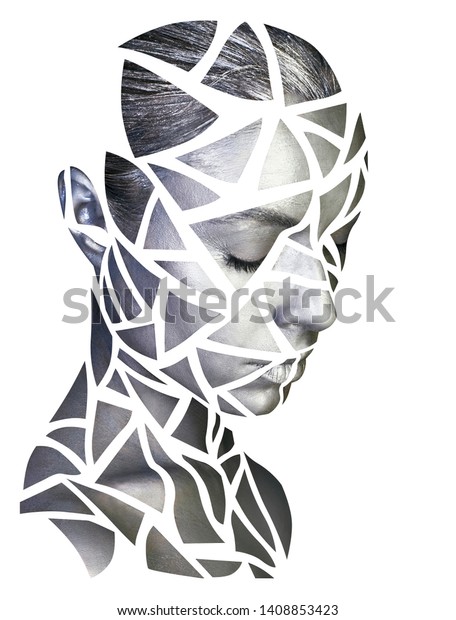 Portrait of a young lady\
with gray mosaic makeup. Silver triangles drawn on woman face.\
Isolated on white.