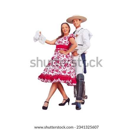 portrait young latin american adult couple posing dressed with traditional cueca clothing huaso costume isolated on white