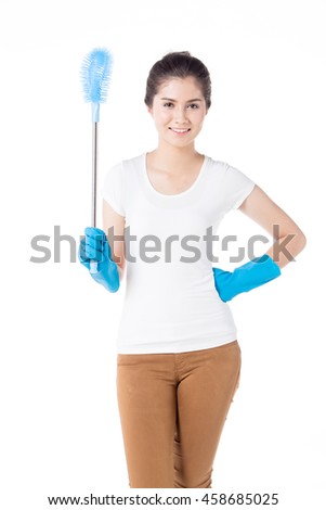 portrait of young maid holding on white background