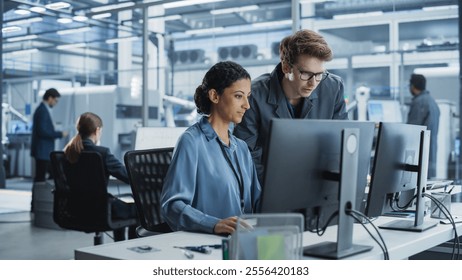 Portrait of a Young Male Assembly Line Worker and Hispanic Female Engineer Collaborating on a Project, Using Computer and Talking in a Factory with Robotic Arms Producing Devices for Tech Industries.
