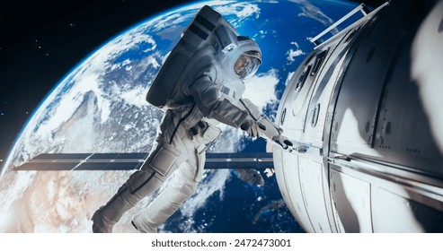 Portrait of a Young Male Astronaut in a Space Suit During a Spacewalk Outside a Spaceship, Satellite or a Space Station. Focused Spaceman Inspecting Vehicle For Damages. Technician Conducting Checkup. - Powered by Shutterstock