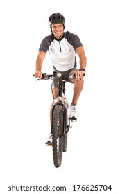 Portrait Of Young Male Cyclist On Bicycle Isolated Over White Background 