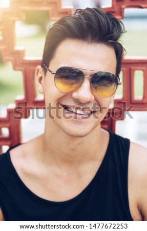 Similar – Image, Stock Photo Happy man with sunglasses laughing in summer party