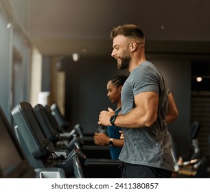 Portrait of a young man and a black woman exercising in a gym, running using  thereadmill machine equipment, healthy lifestyle and cardio exercise at fitness club concepts - Powered by Shutterstock