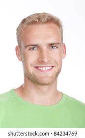 Portrait Of A Young Man With Blond Hair Smiling - Isolated On White