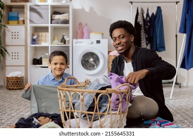 Portrait Young Man Brother Folding Laundry Stock Photo 2155645331 ...