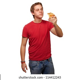 Portrait Of A Young Man Eating Pizza On A White Background