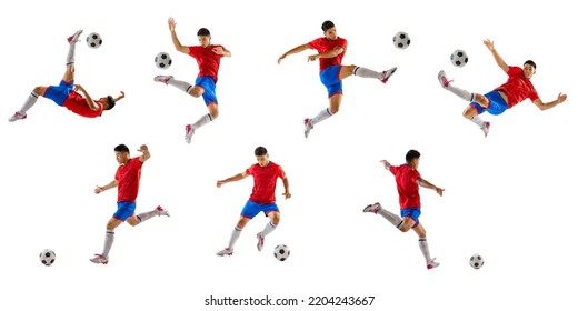 Portrait of young man, football player training, playing, isolated on white studio background. Collage. Development of movements. Concept of sport, team game, action, motion. Copy space for ad, poster - Powered by Shutterstock