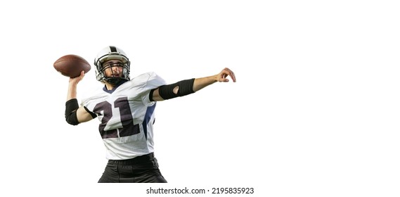 Portrait of young man, professional american football player training, throwing ball isolated over white background. Concept of active life, team game, energy, sport, competition. Copy space for ad - Powered by Shutterstock