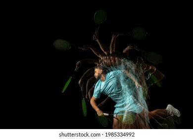 Portrait of young man. professional tennis player in blue sports uniform isolated on black backgroundin mixed neon light with stroboscope effect. Concept of action, speed, energy, sport, ad.