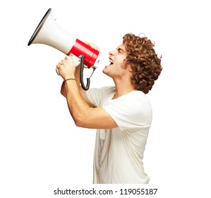 Portrait Of Young Man Shouting With A Megaphone Isolated On White Background - Powered by Shutterstock