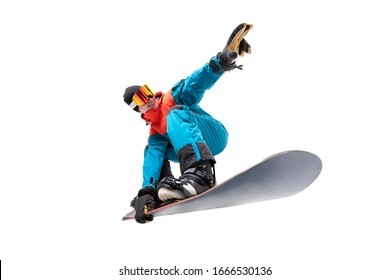 Portrait young man snowboarder jump move on snowboard isolated white background. - Powered by Shutterstock