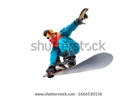 Portrait young man snowboarder jump move on snowboard isolated white background.