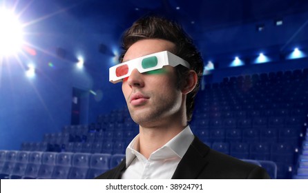 Portrait Of Young Man Wearing 3d Glasses In A Cinema