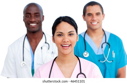 Portrait Of Young Medical Team Against A White Background