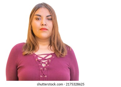 Portrait Of A Young Mexican Woman, Serious Expression On Her Face, Against A White Studio Background, Long Brown Straight Hair, Perfect Trendy Eyebrows, Light Natural Makeup, Casual Violet Blouse