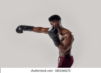 Portrait of young muscular african american male boxer looking aside, wearing boxing gloves, punching, standing isolated over grey background. Sport, workout, bodybuilding. Side view. Horizontal shot