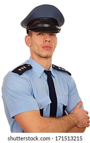 Portrait Of Young Policeman On White Background