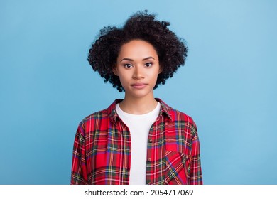 Portrait Of Young Pretty Good-looking Serious Peaceful Afro American Girl College Student Isolated On Blue Color Background