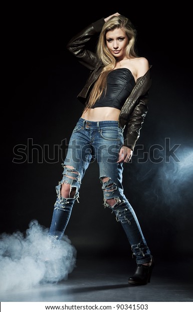 Portrait Young Seductive Woman Leather Jacket Stock Photo 90341503 ...