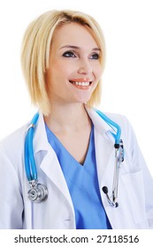 Portrait Of Young Smiling Female Doctor With Stethoscope Looking Away