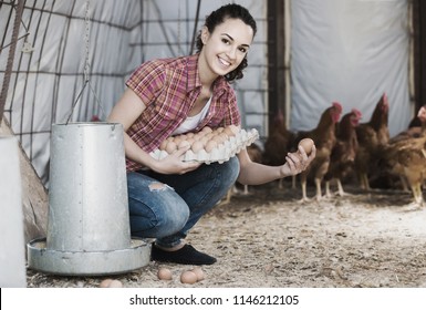 Portrait Of Young Spanish  Woman Farmer Holding Fresh Eggs In Hands In Henhouse 