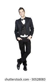 Portrait Of Young Stylish Man In Tuxedo, Studio Shot Isolated On White Background