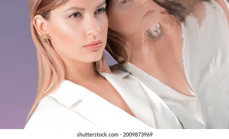 Portrait Of A Young Stylish Woman In A White Jacket And Her Distorted Reflection