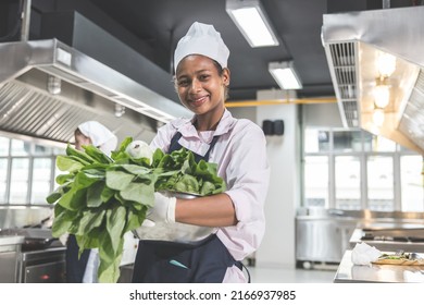 Portrait Young Teen Girl Cook Student. Cooking Class. Culinary Classroom. Happy Young African Woman Students Holding Fresh Vegetables For Cooking In Cooking School. 