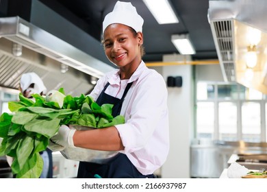 Portrait Young Teen Girl Cook Student. Cooking Class. Culinary Classroom. Happy Young African Woman Students Holding Fresh Vegetables For Cooking In Cooking School. 